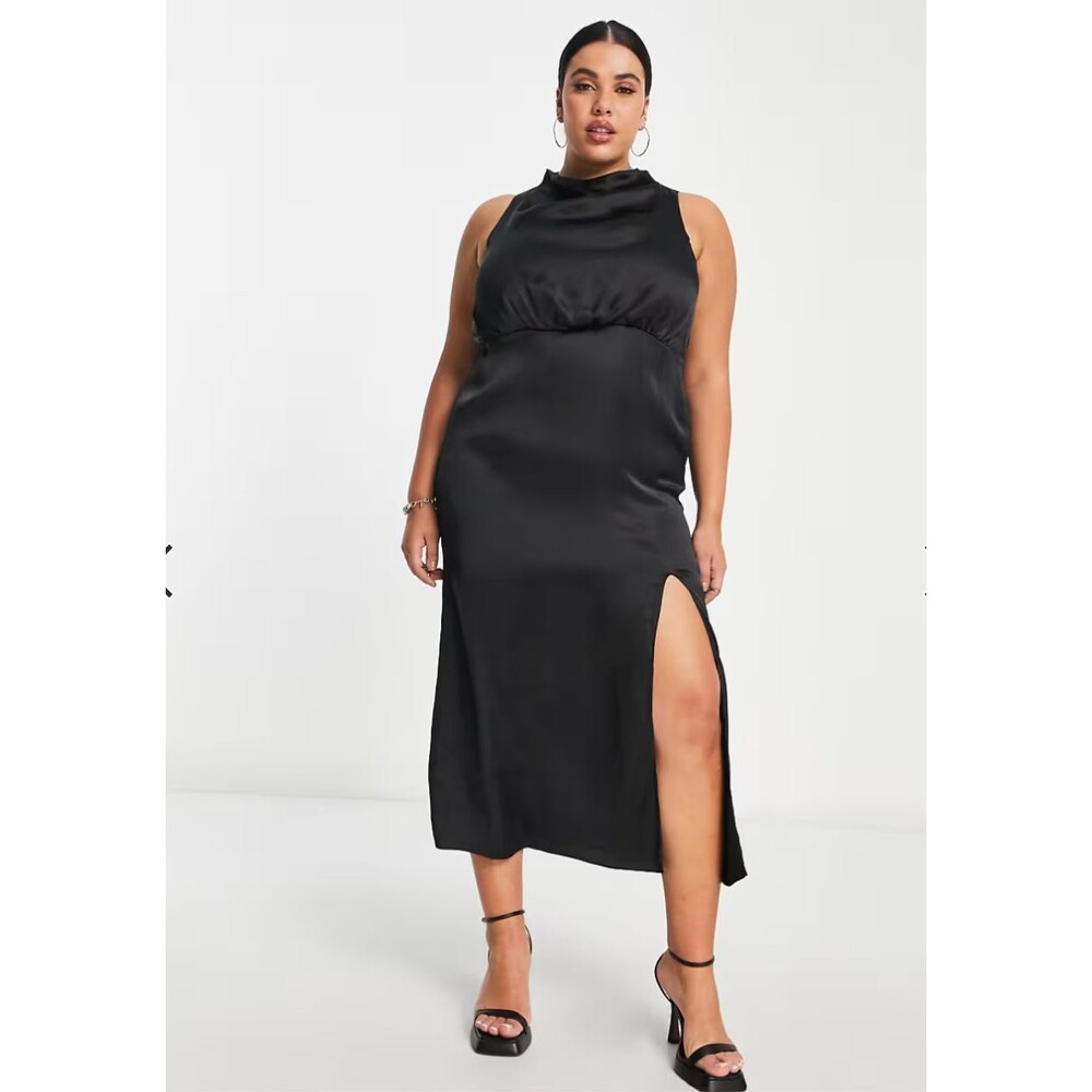PRETTY LAVISH Dress Women 16 Curve Black Satin Empire High Neck Split Midi NWT - Picture 9 of 12
